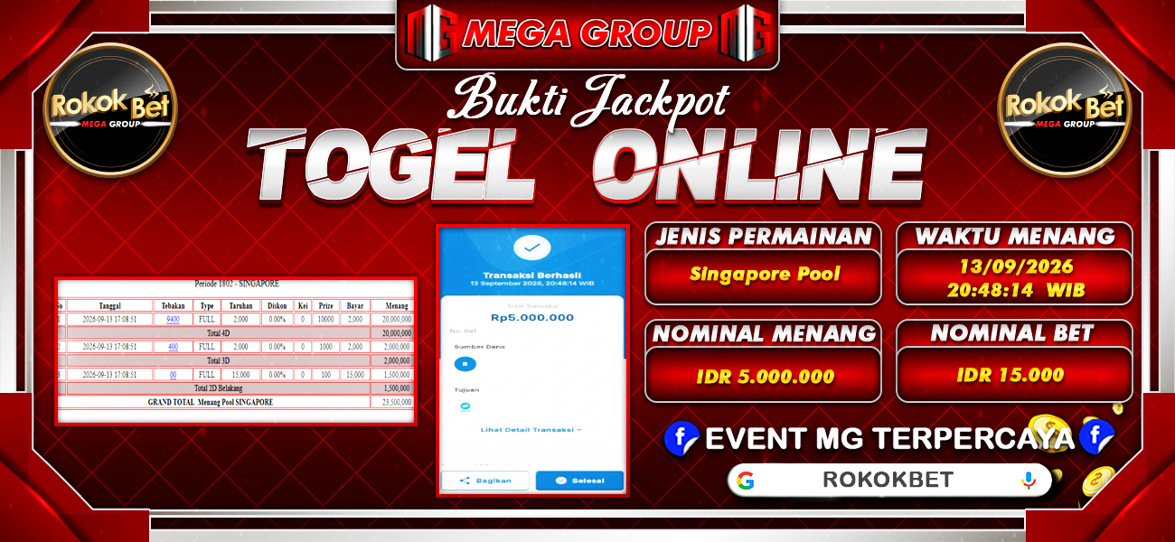 Bukti JP situs Rokokbet hari Minggu, 13 September 2026