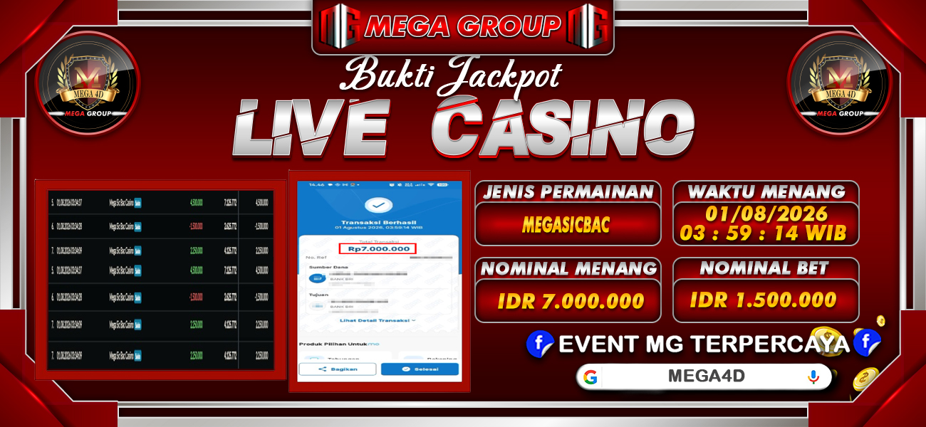 Bukti JP situs Mega4D hari Sabtu, 01 Agustus 2026