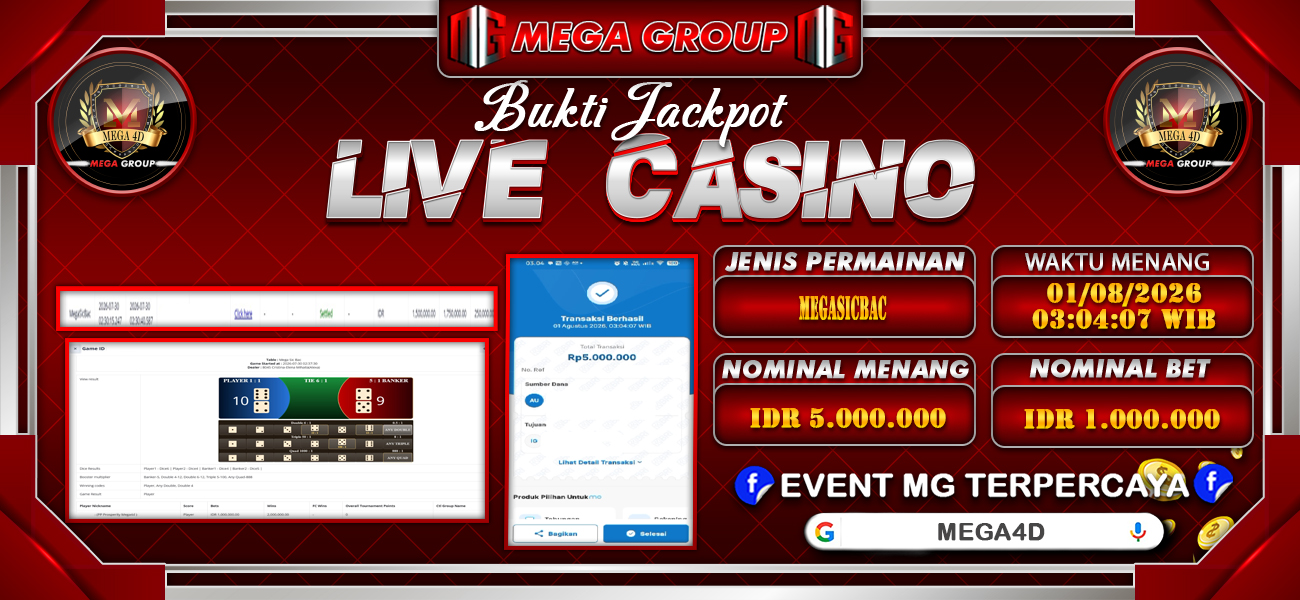 Bukti JP situs Mega4D hari Sabtu, 01 Agustus 2026